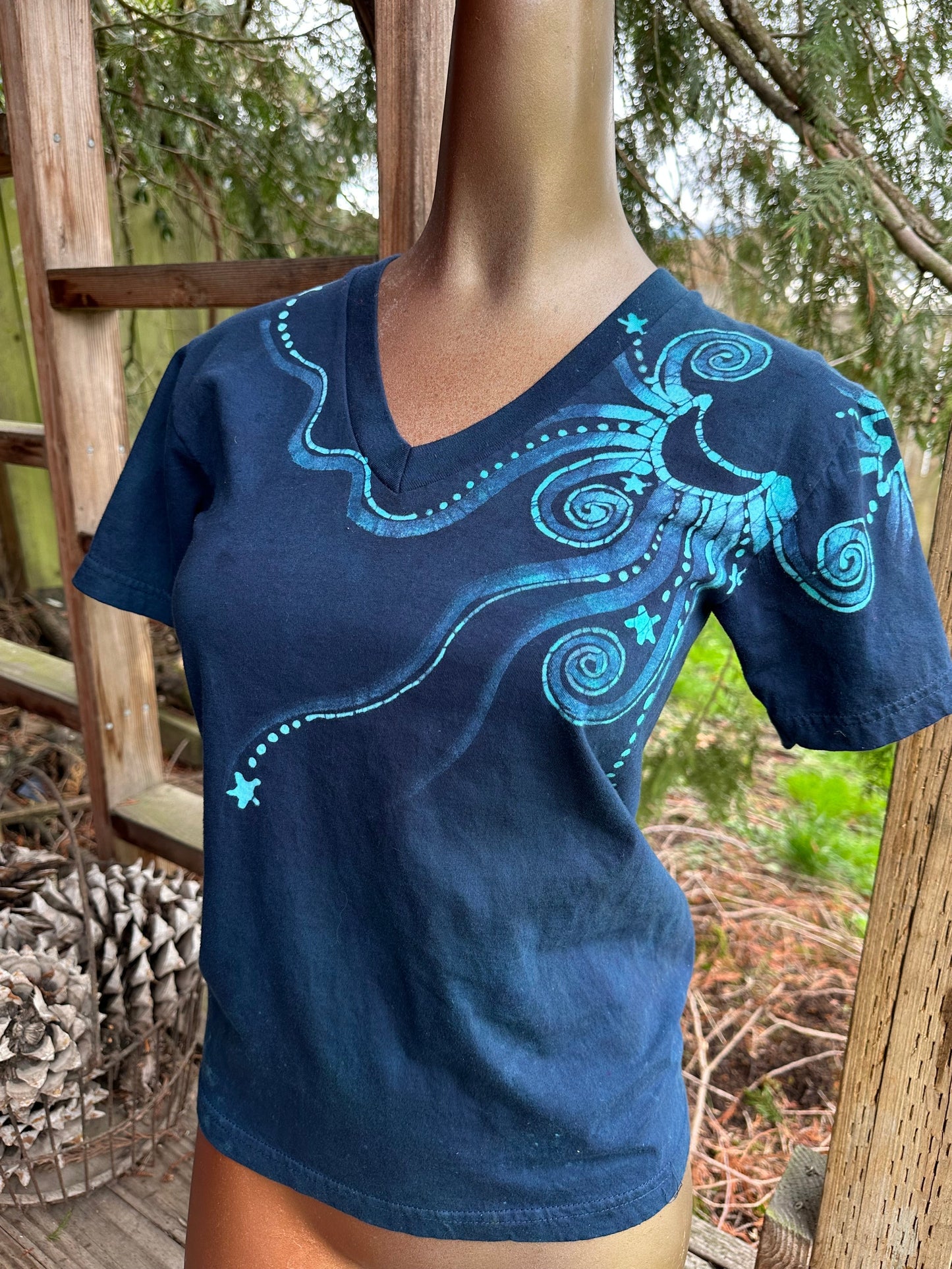 The Stars Will Guide Us Vneck Tee in Blue Teal - Size XS Unisex Tshirts Batikwalla by Victoria XS 
