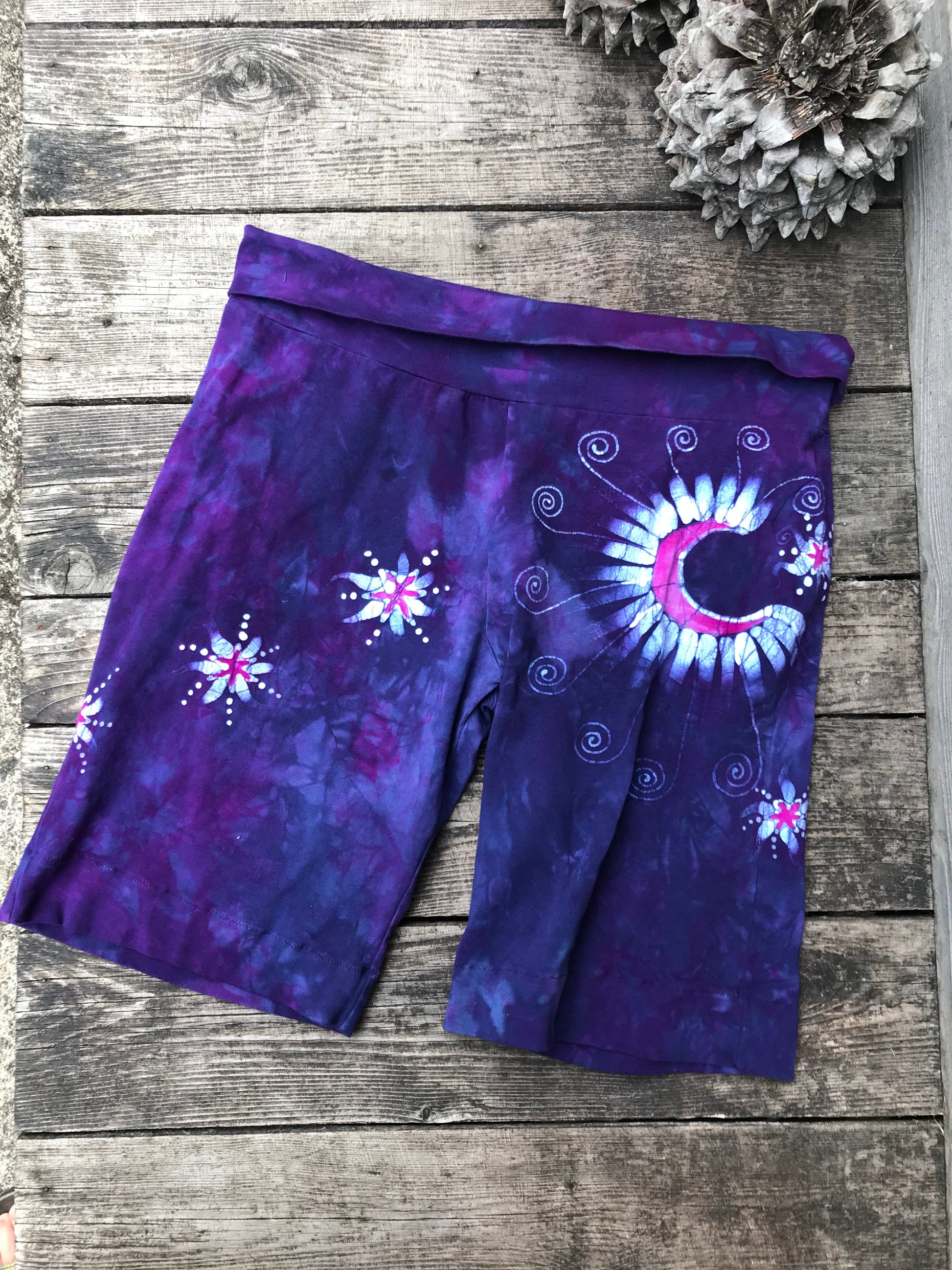 Swirly Moon and Stars Batik Biker Shorts - Purple Magenta Batikwalla by Victoria 