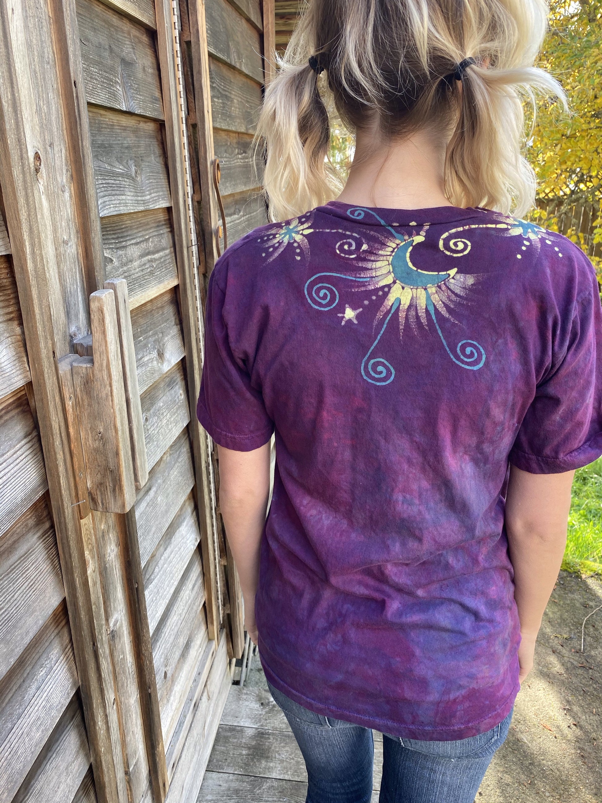 Centered In Light - HandCrafted Moons & Stars Vneck Tee Batikwalla by Victoria 