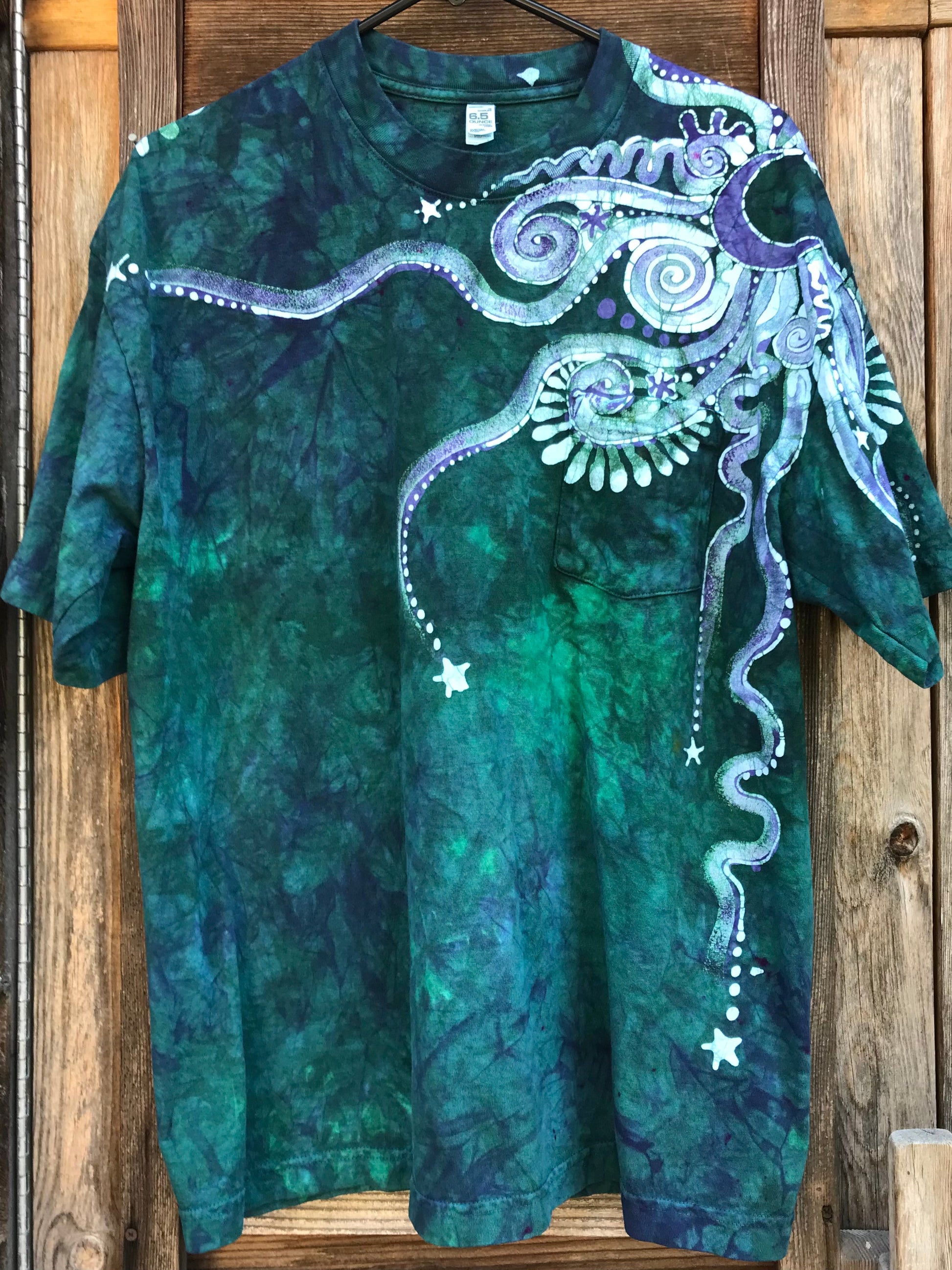 Teal Galaxy Handmade Batik Tshirt with Hidden Pocket tshirt batikwalla Large 