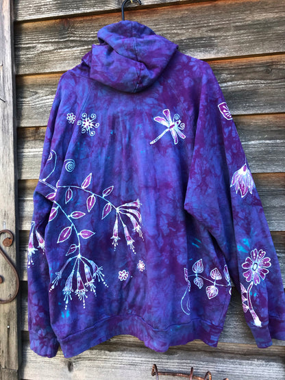 Purple Spring Flowers Pullover Batik Hoodie in Organic Cotton - Handmade Oversize in 3X hoodie batikwalla 