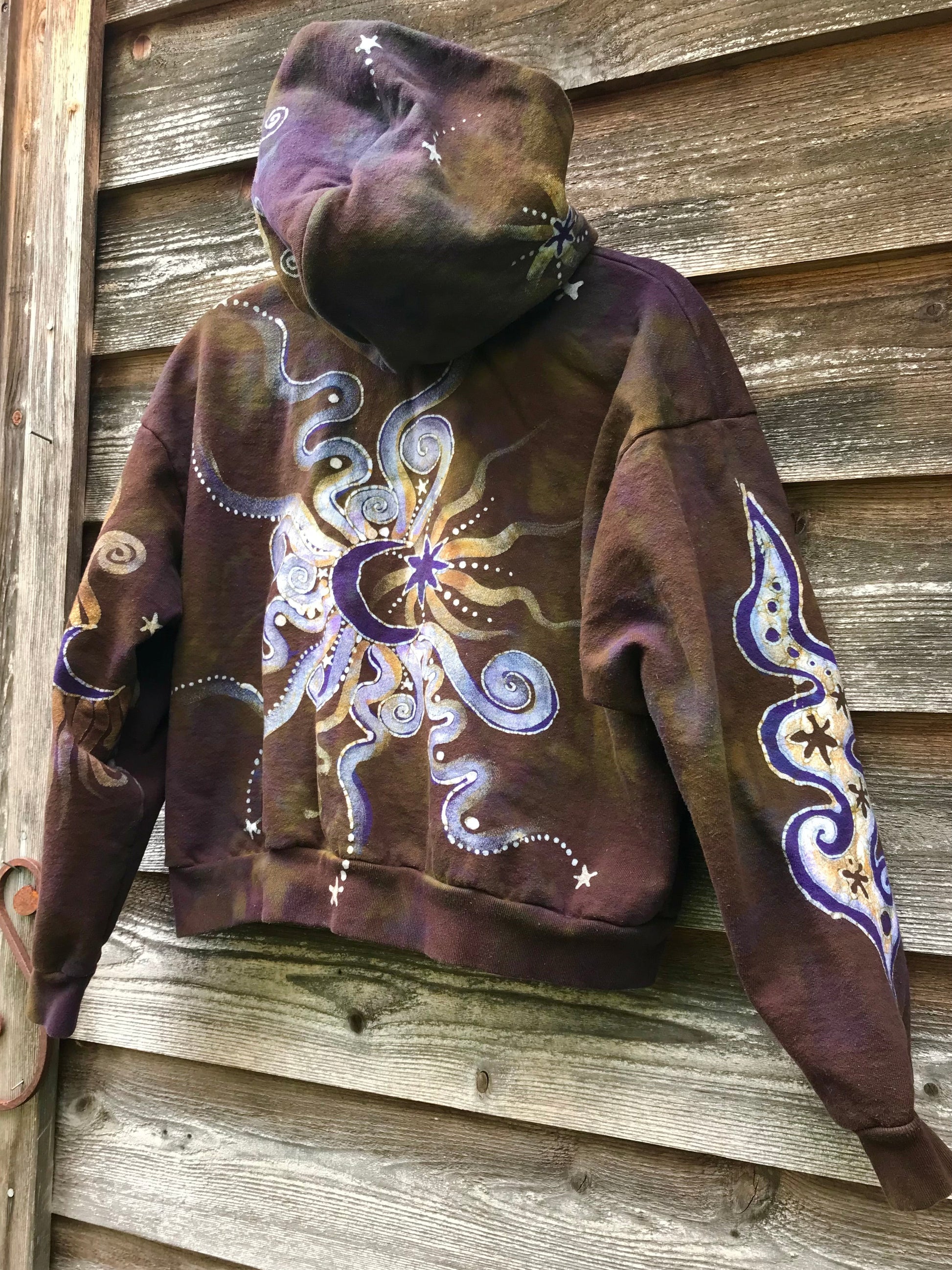 Dark Gold and Purple Moon and Stars Handmade Batik Hoodie - Size M/L hoodie batikwalla 