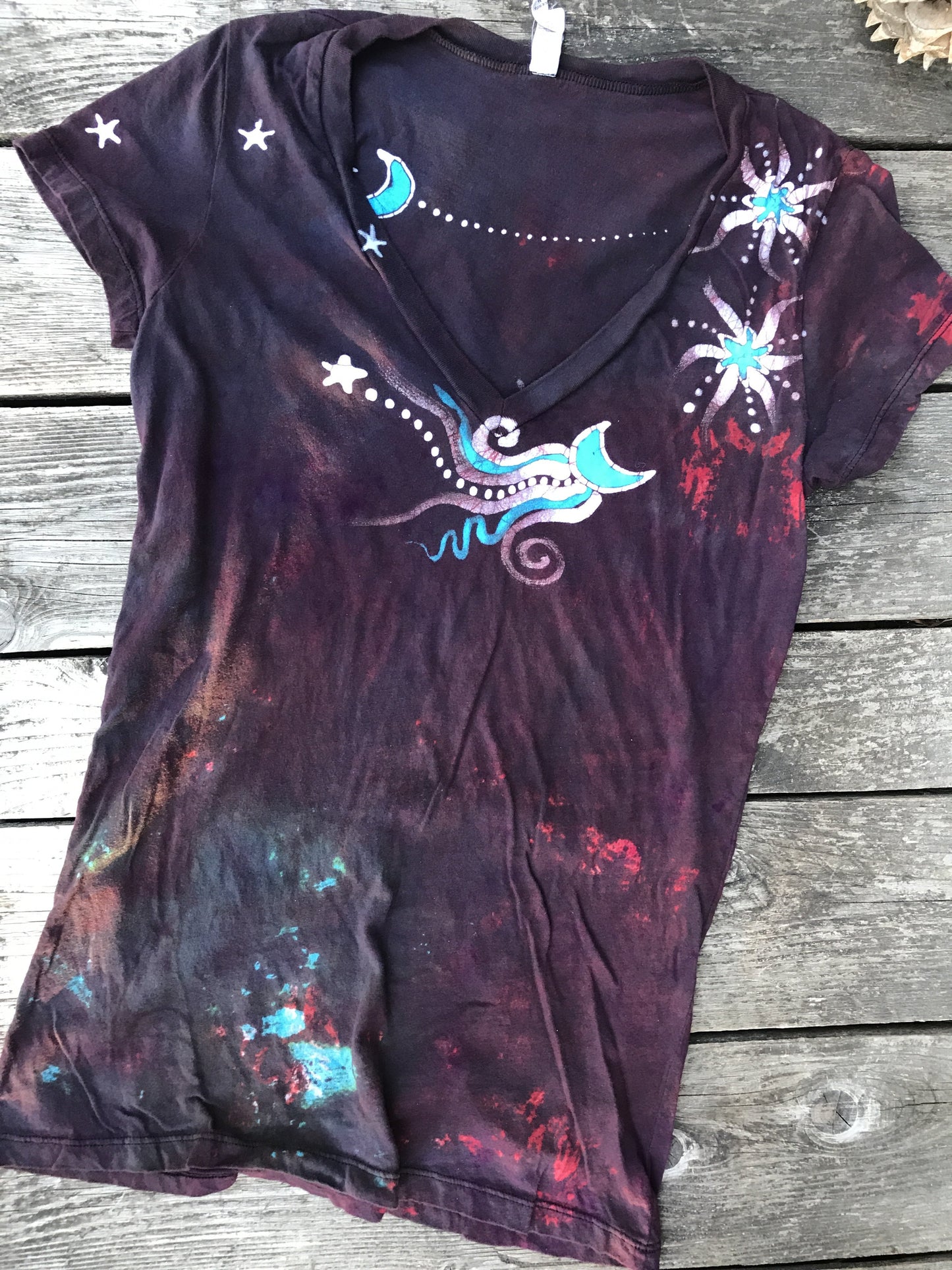 Rust and Turquoise Moon and Stars Hand Painted Tee