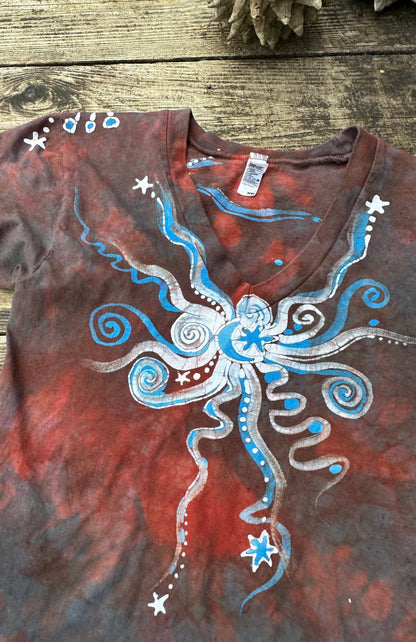 Starburst Moonbeams in Red Clay - Vneck Tee Size XS Unisex Tshirts Batikwalla by Victoria XS 