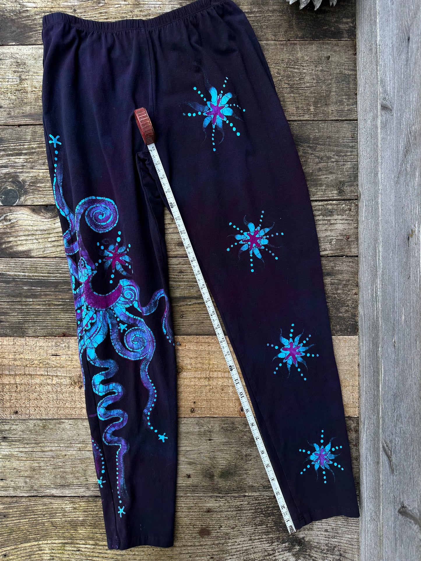 Deep Purple and Turquoise Moon and Star Batik Leggings - Size XL LONG leggings batikwalla 