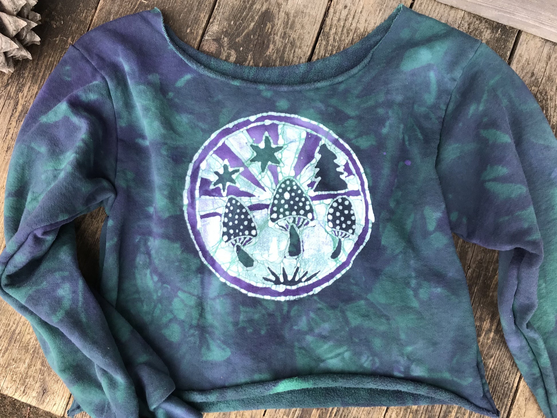 Teal and Purple Mushroom Meadow Batik Crop Sweatshirt Tops Batikwalla by Victoria 
