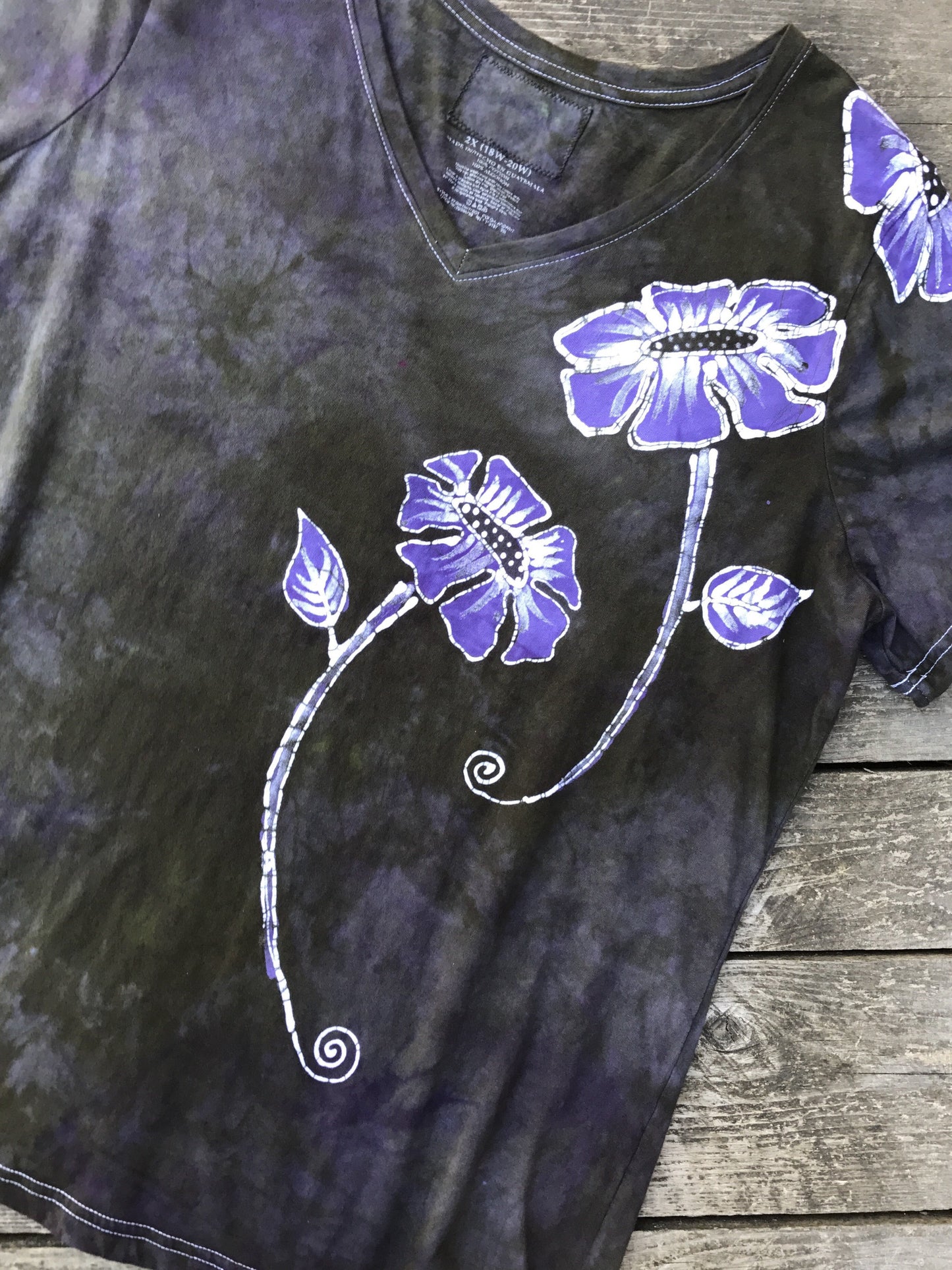 Purple Poppy Flower Power Handmade Batikwalla Vneck Tee - Plus Size 2X