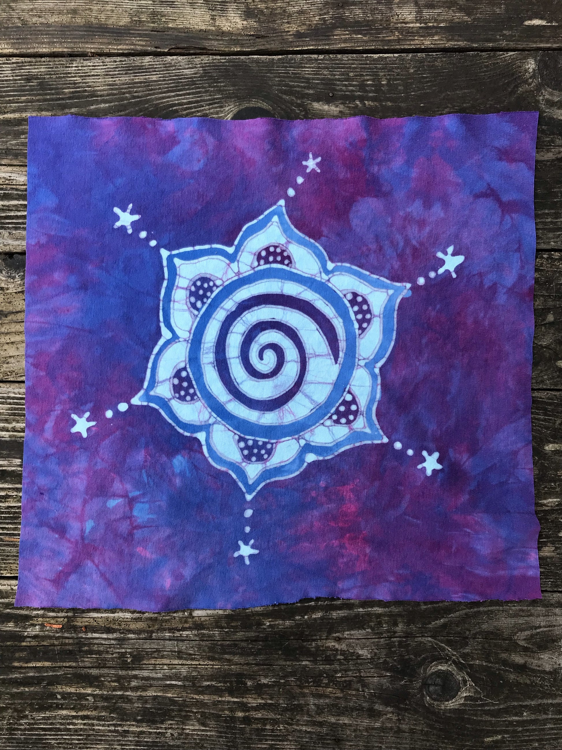 Hand Painted Batik Fabric Square - Swirling Star Flower in Purple and Periwinkle Batikwalla by Victoria 