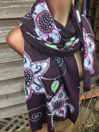 Flower Power With Neon Leaves - Hand Painted Organic Knit Fabric Scarf