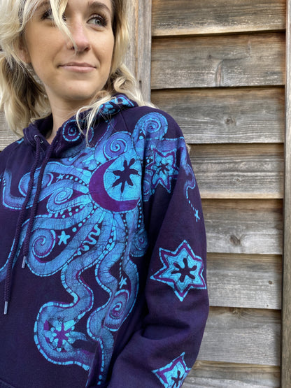 Deep Blue And Purple Moon Star Pullover Batik Hoodie - Handcrafted In Organic Cotton hoodie batikwalla 
